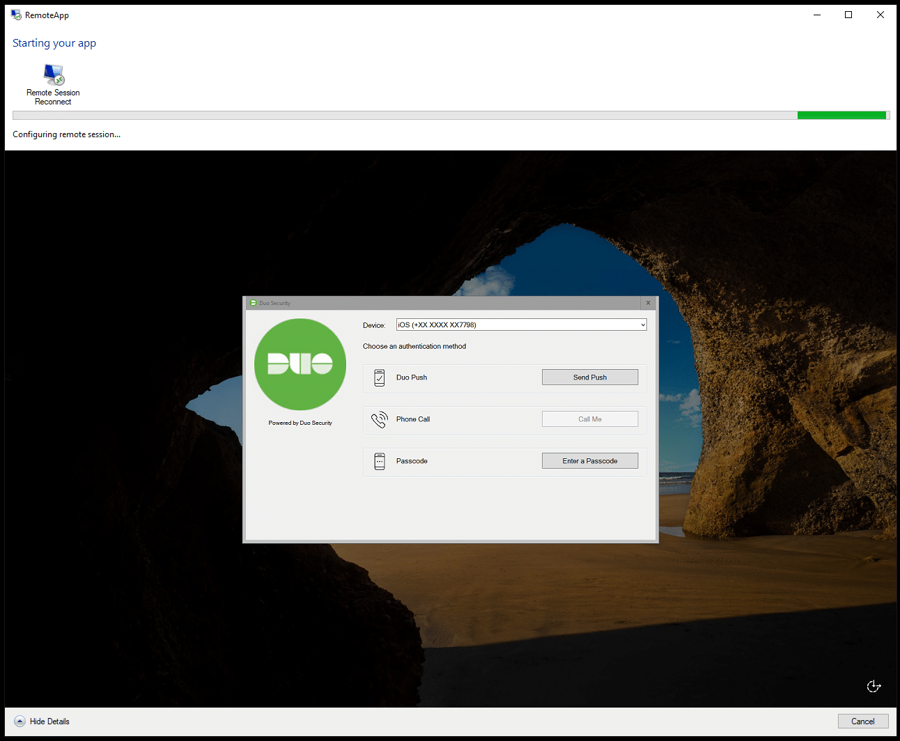 Remote app connection screen with Duo challenge window