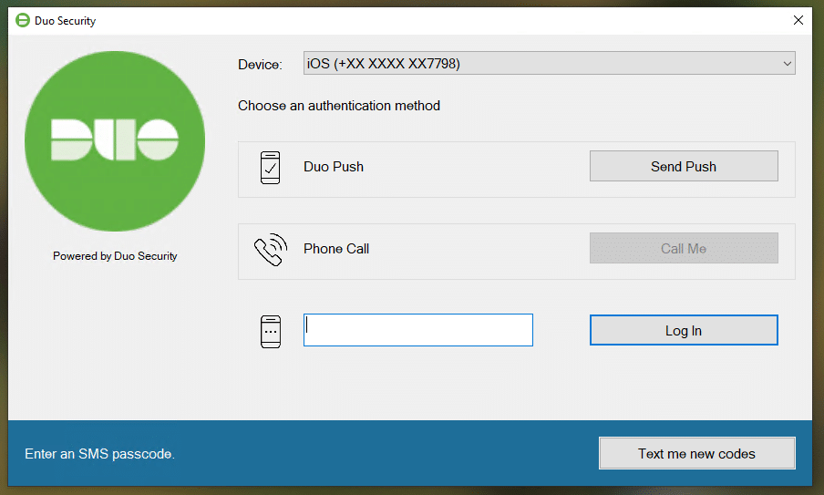 Duo Challenge screen for SMS passcode authenticaion